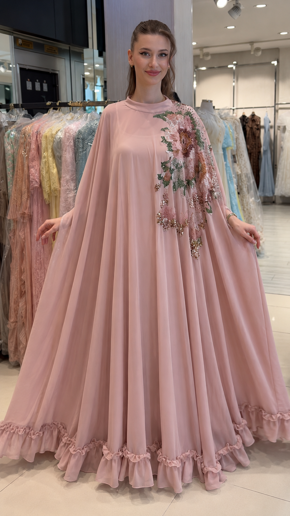 Elegant Cream Floral Sequin Kaftan Gown