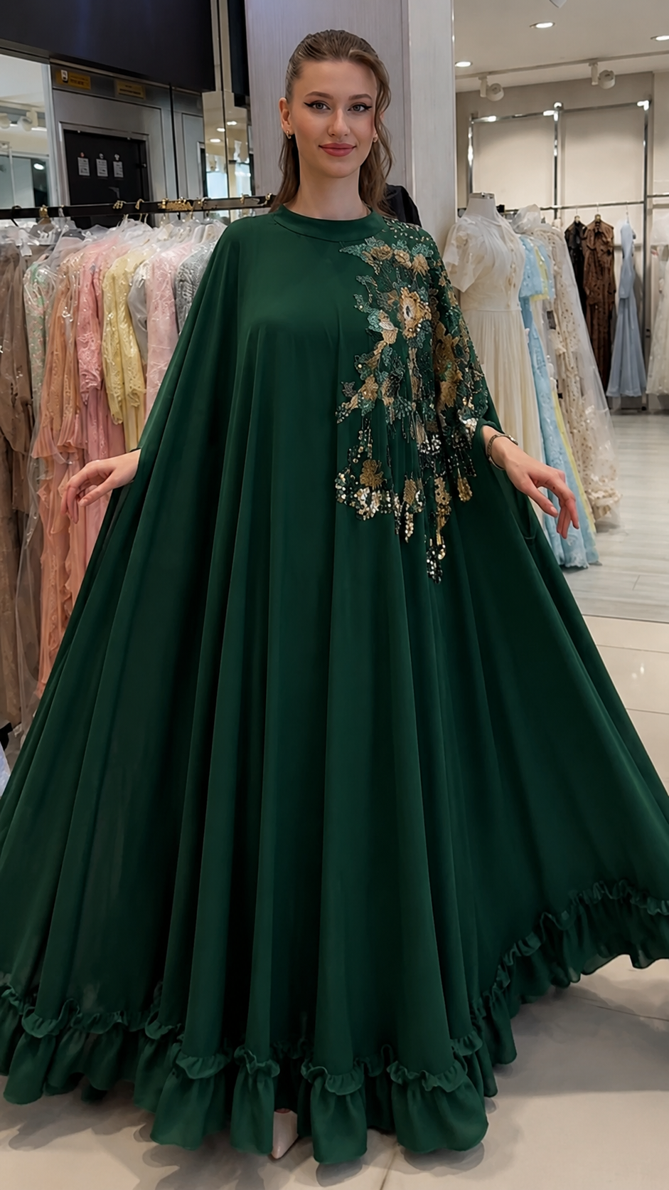 Elegant Cream Floral Sequin Kaftan Gown