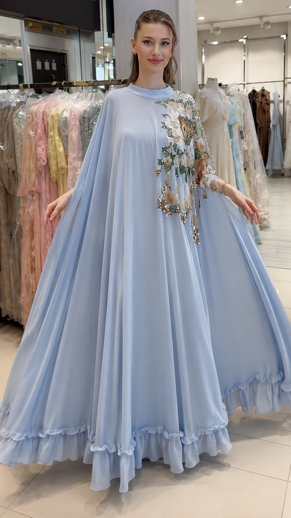 Elegant Cream Floral Sequin Kaftan Gown