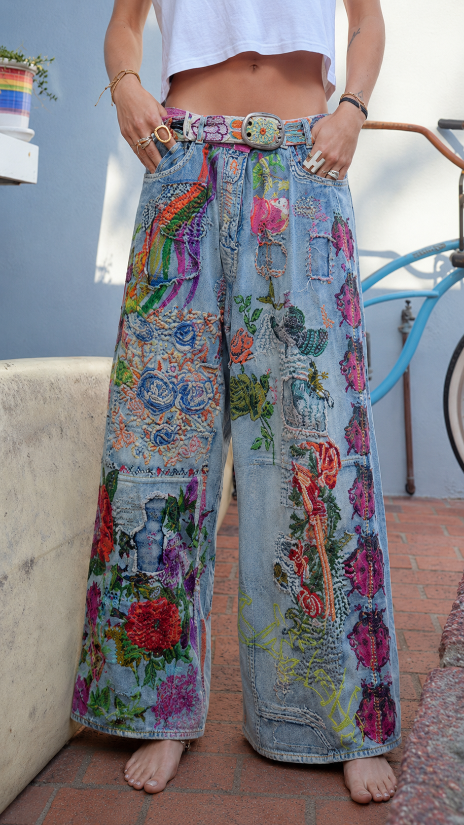 Vibrant Bohemian Embroidered Patchwork Jeans