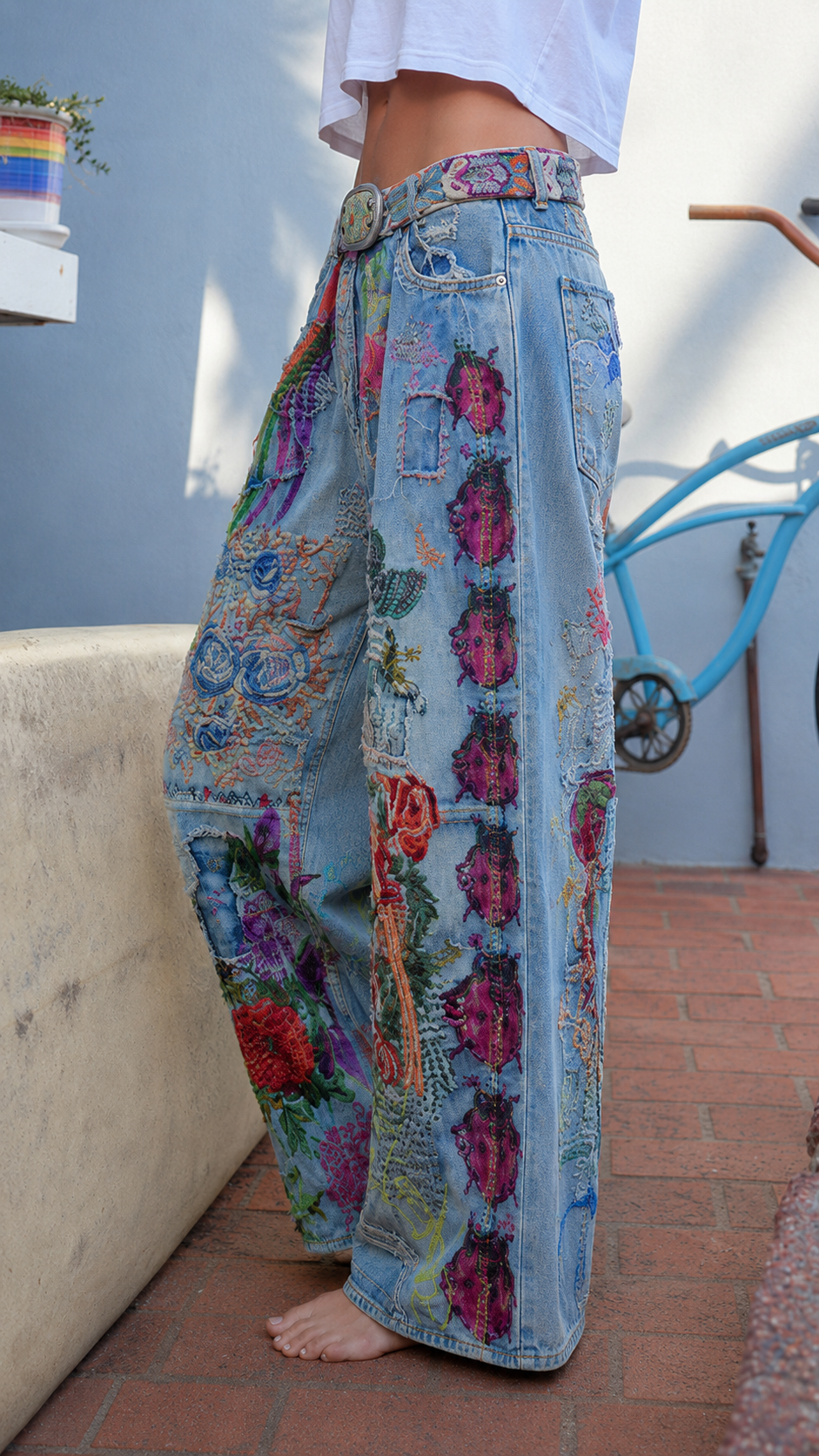 Vibrant Bohemian Embroidered Patchwork Jeans