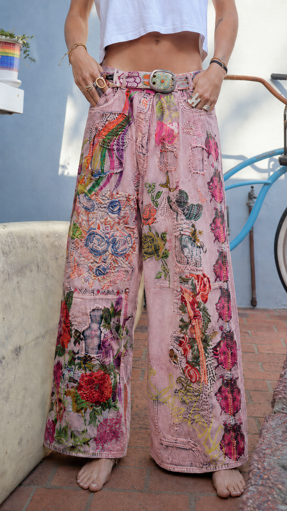 Vibrant Bohemian Embroidered Patchwork Jeans