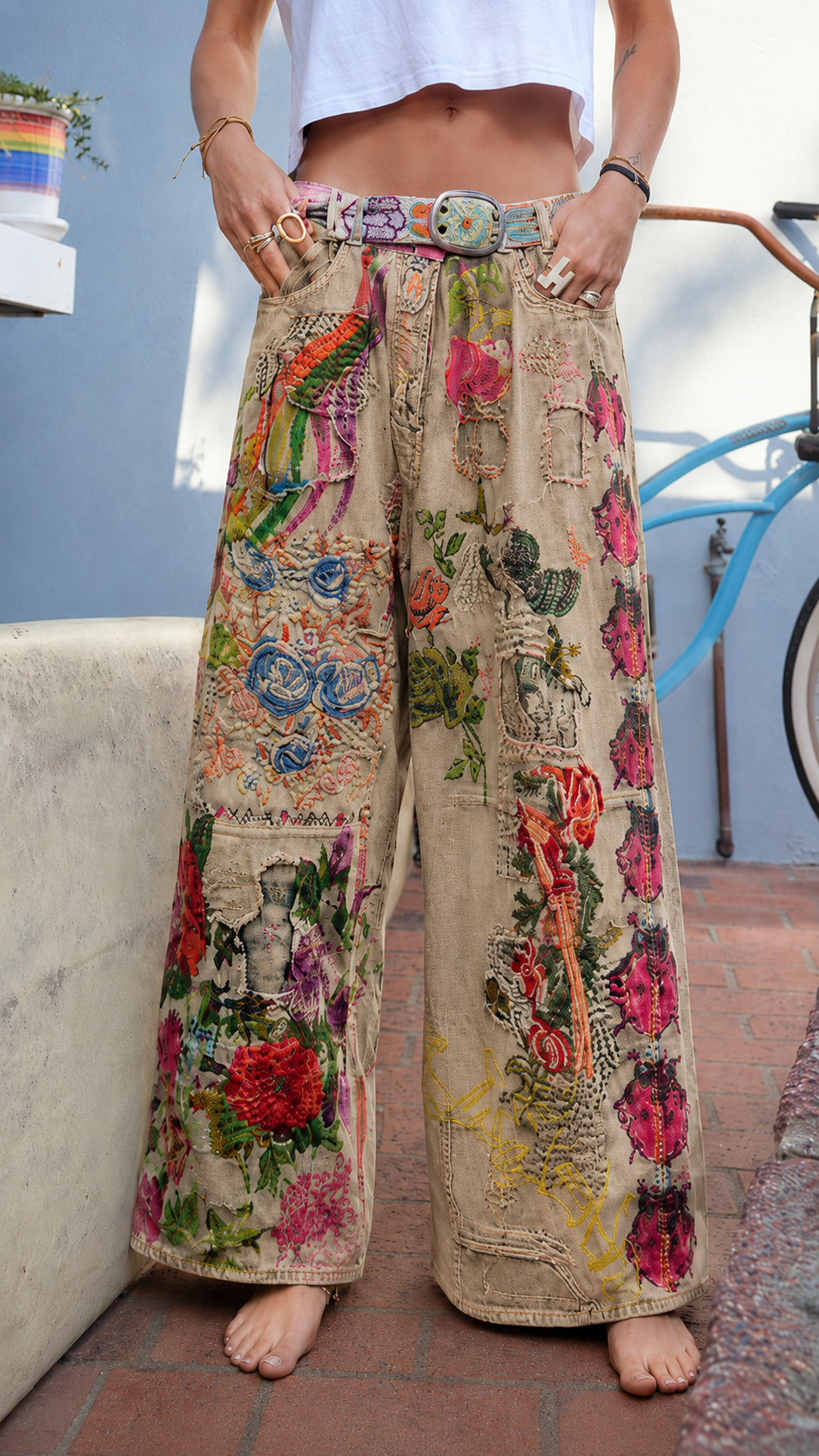 Vibrant Bohemian Embroidered Patchwork Jeans