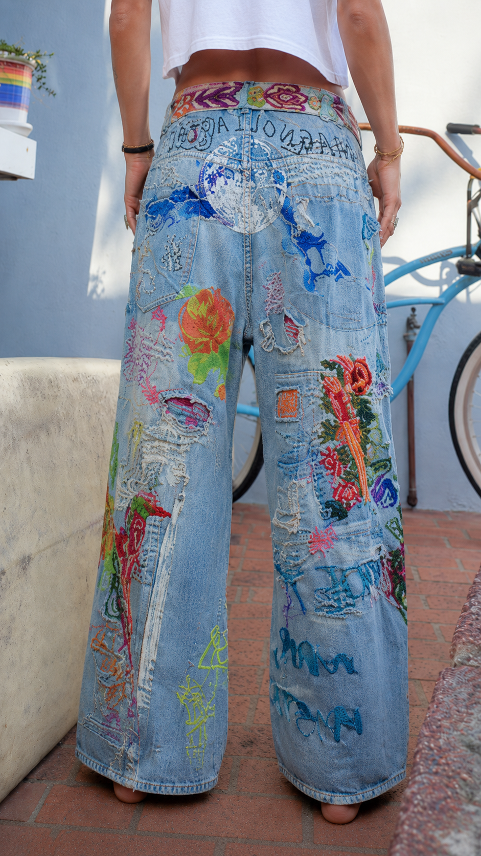Vibrant Bohemian Embroidered Patchwork Jeans