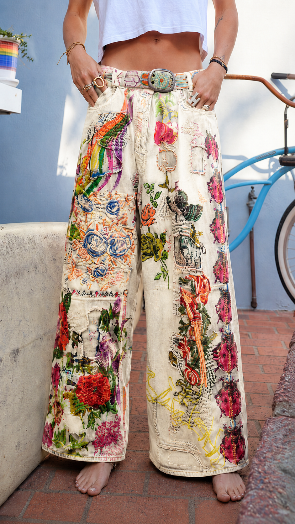 Vibrant Bohemian Embroidered Patchwork Jeans