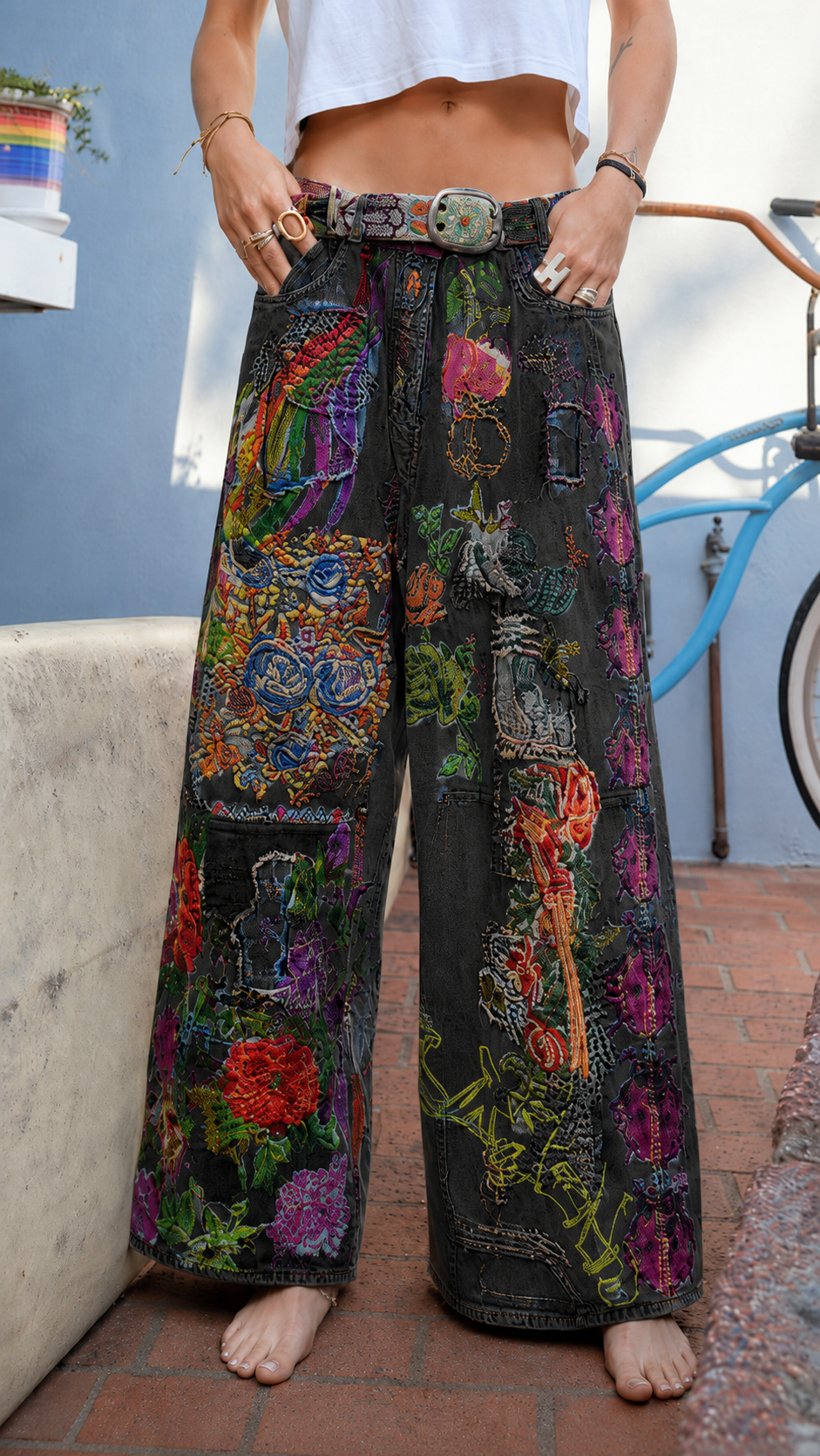 Vibrant Bohemian Embroidered Patchwork Jeans