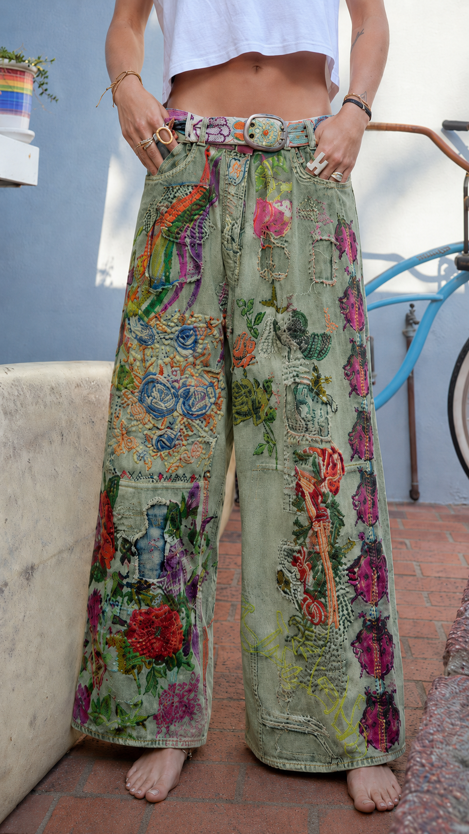 Vibrant Bohemian Embroidered Patchwork Jeans