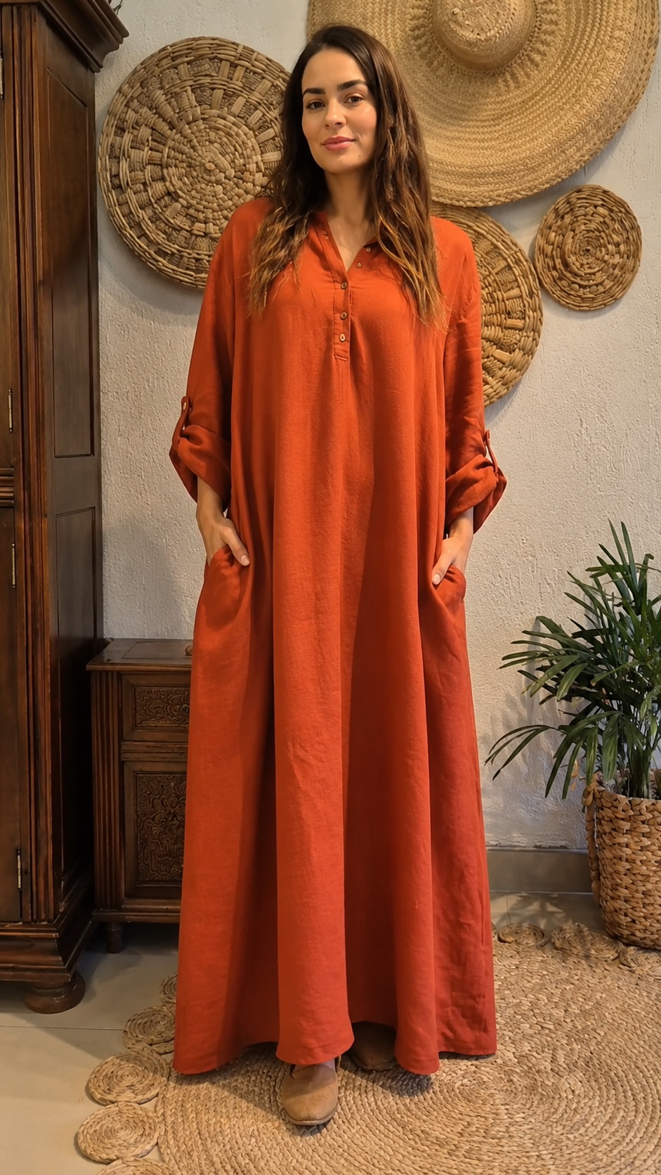 Terracotta Linen Button Maxi Dress