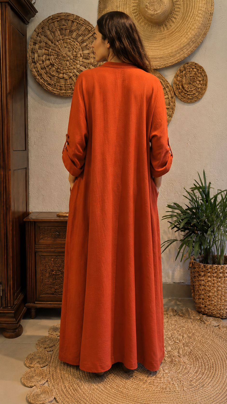 Terracotta Linen Button Maxi Dress