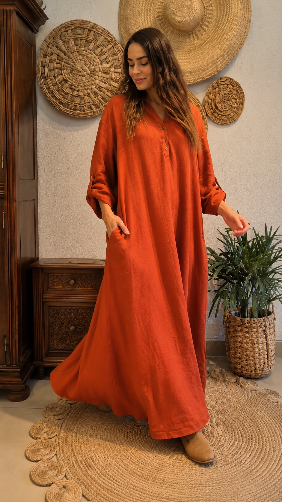 Terracotta Linen Button Maxi Dress