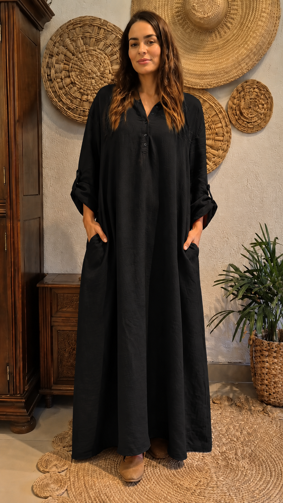 Terracotta Linen Button Maxi Dress