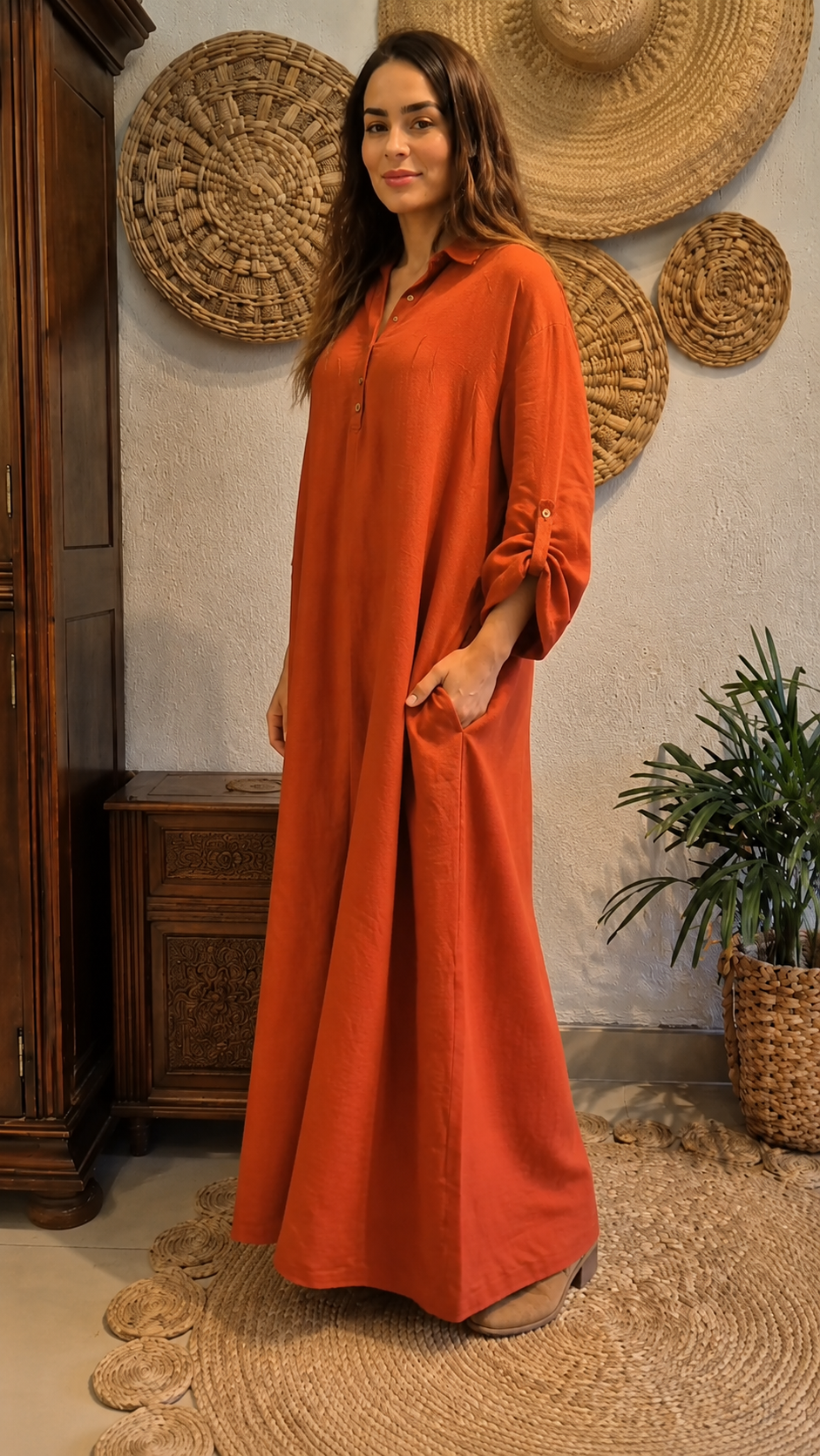 Terracotta Linen Button Maxi Dress