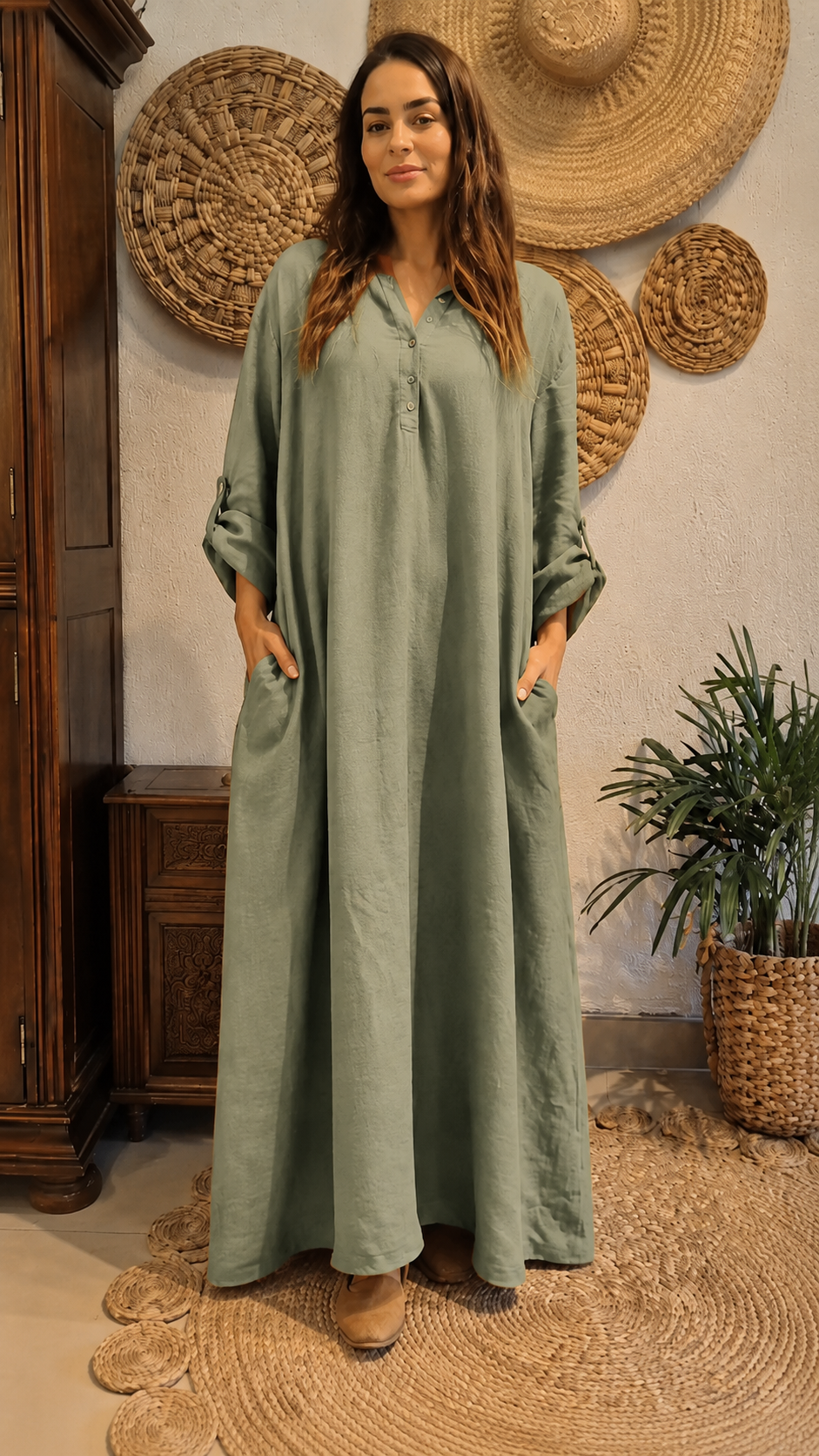 Terracotta Linen Button Maxi Dress