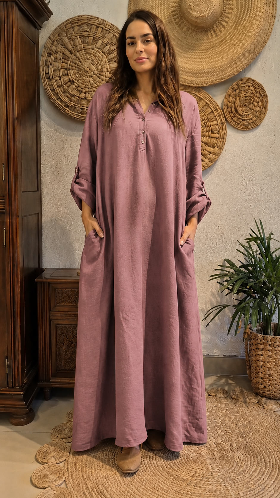 Terracotta Linen Button Maxi Dress