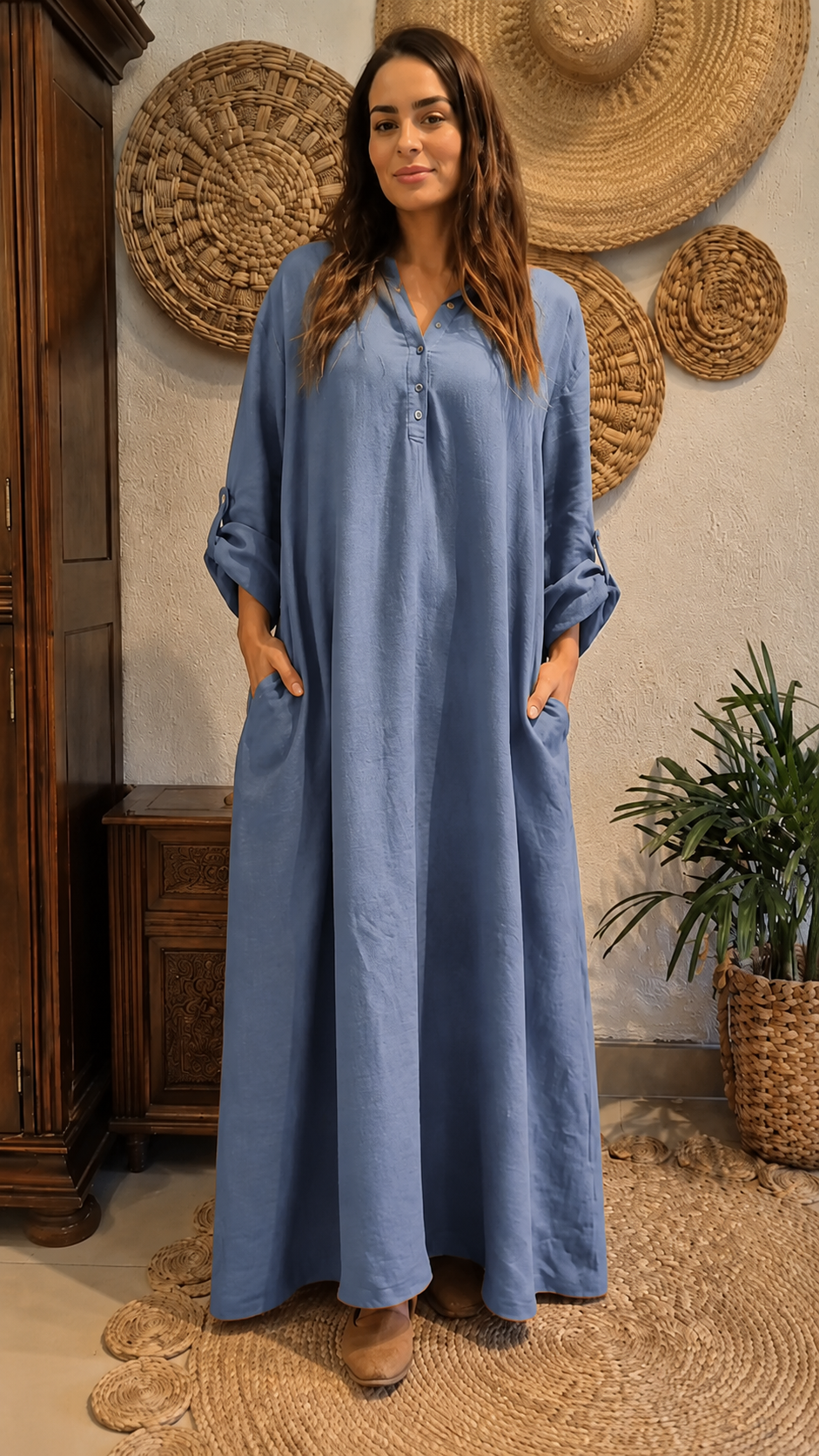 Terracotta Linen Button Maxi Dress