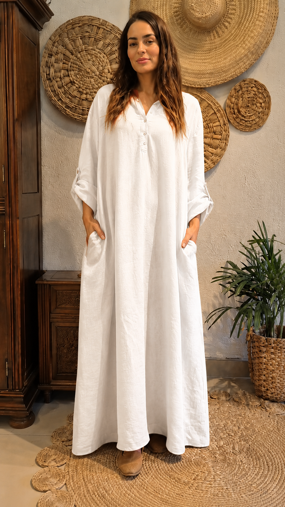 Terracotta Linen Button Maxi Dress