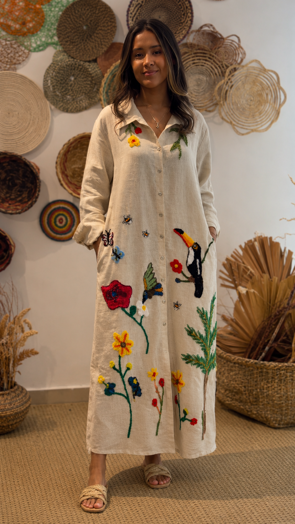 Boho Tropical Embroidered Linen Maxi Dress