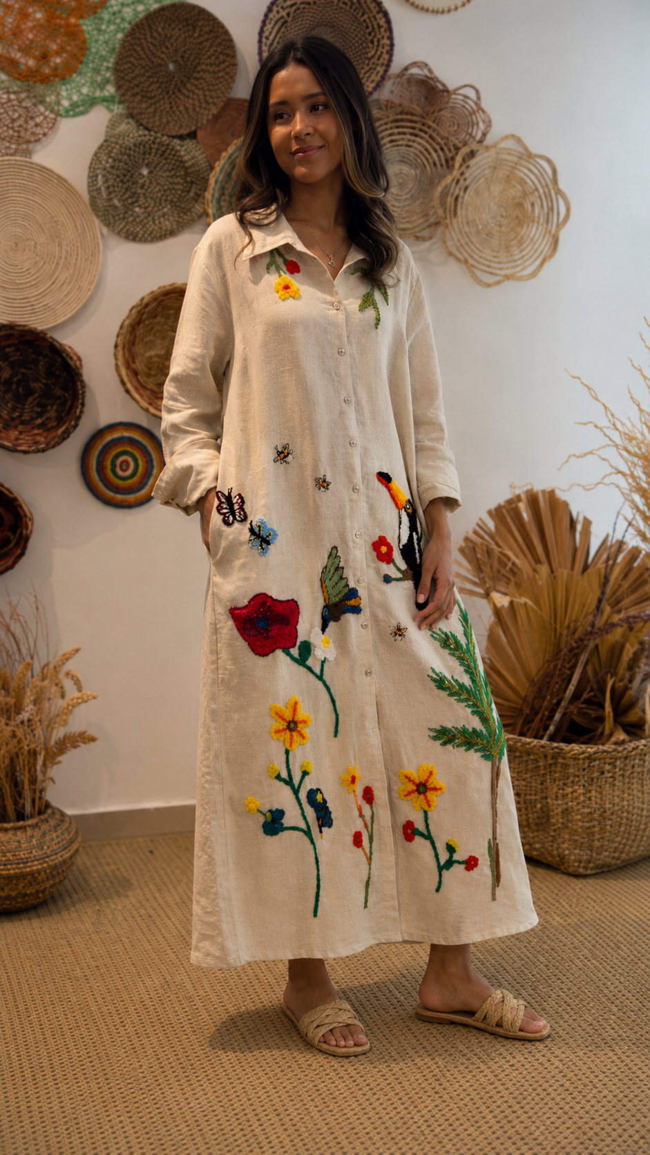 Boho Tropical Embroidered Linen Maxi Dress
