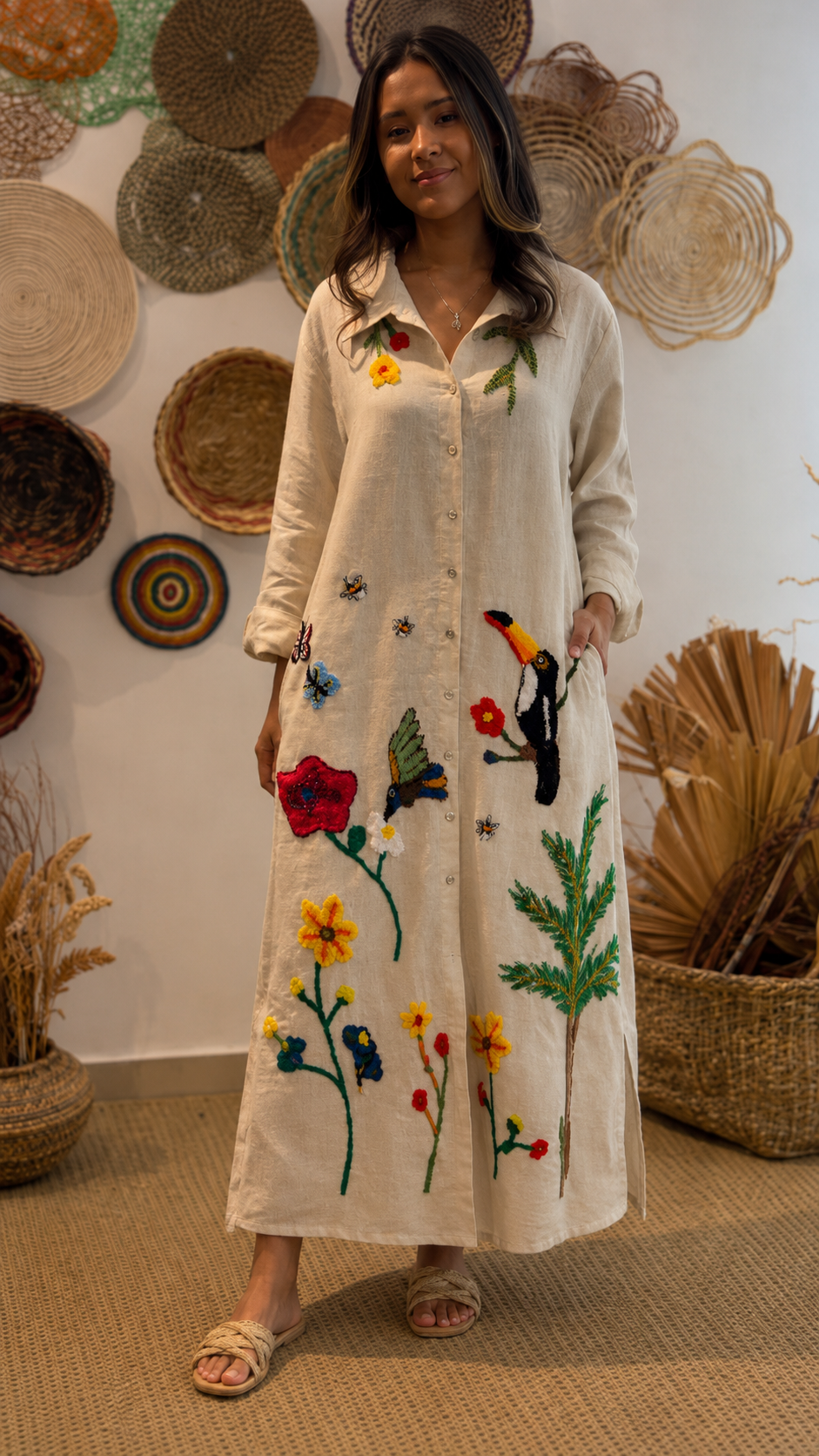 Boho Tropical Embroidered Linen Maxi Dress
