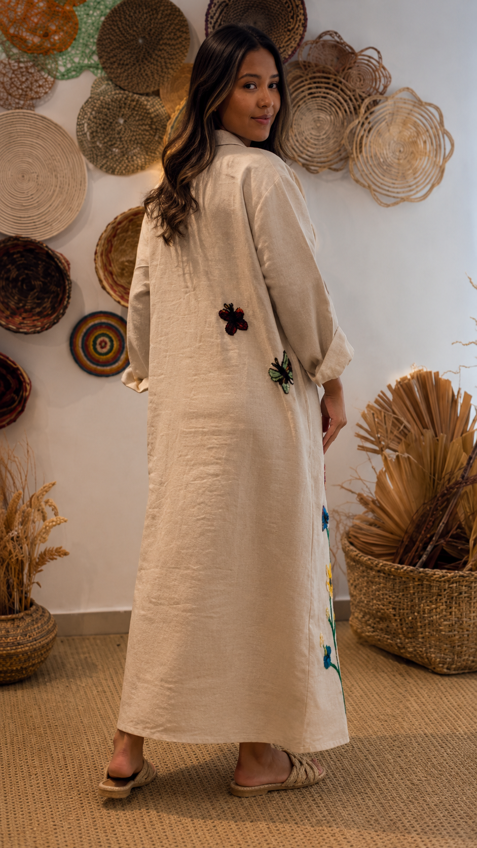 Boho Tropical Embroidered Linen Maxi Dress