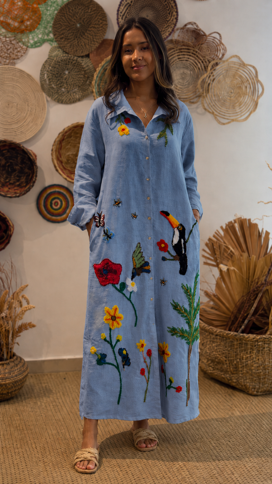 Boho Tropical Embroidered Linen Maxi Dress