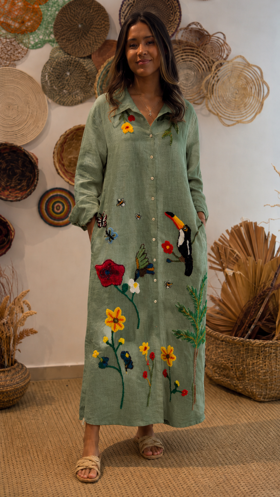 Boho Tropical Embroidered Linen Maxi Dress