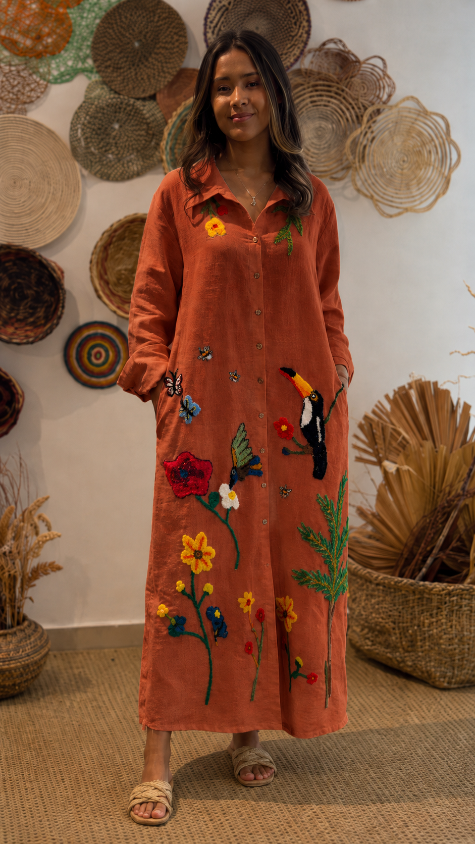 Boho Tropical Embroidered Linen Maxi Dress