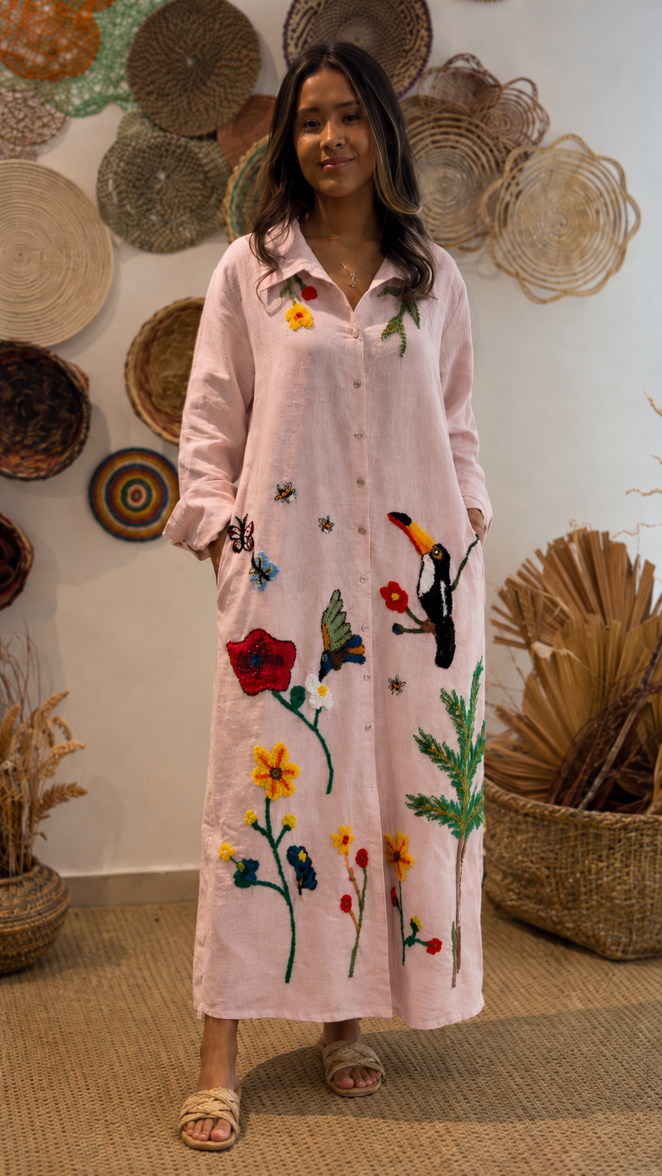 Boho Tropical Embroidered Linen Maxi Dress