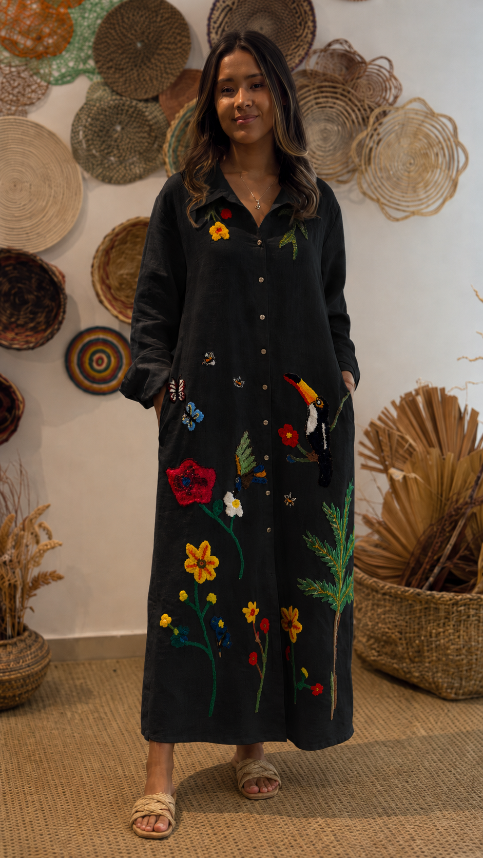 Boho Tropical Embroidered Linen Maxi Dress