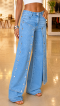 Studded Side Panel Wide-Leg Jeans