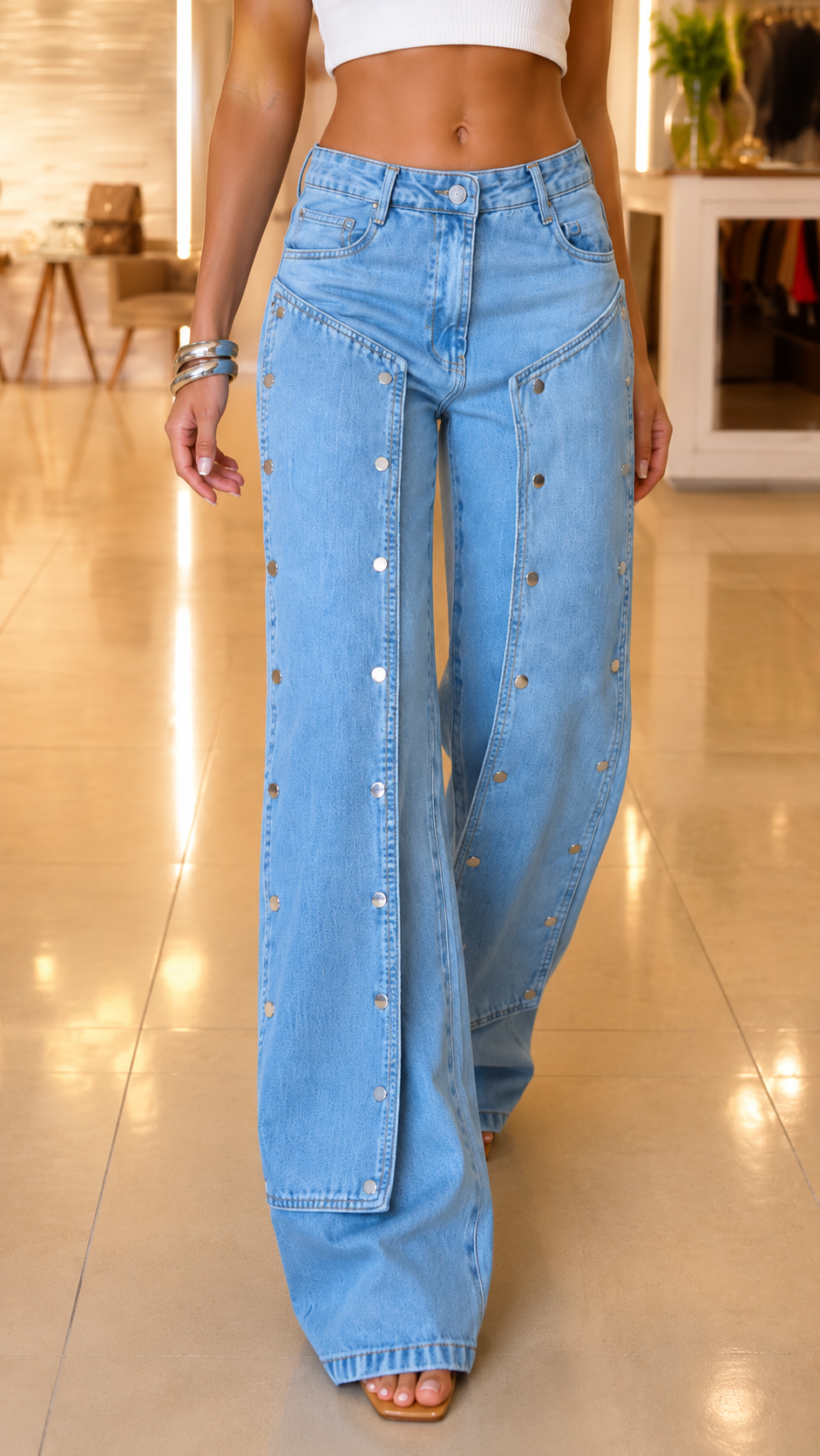 Studded Side Panel Wide-Leg Jeans