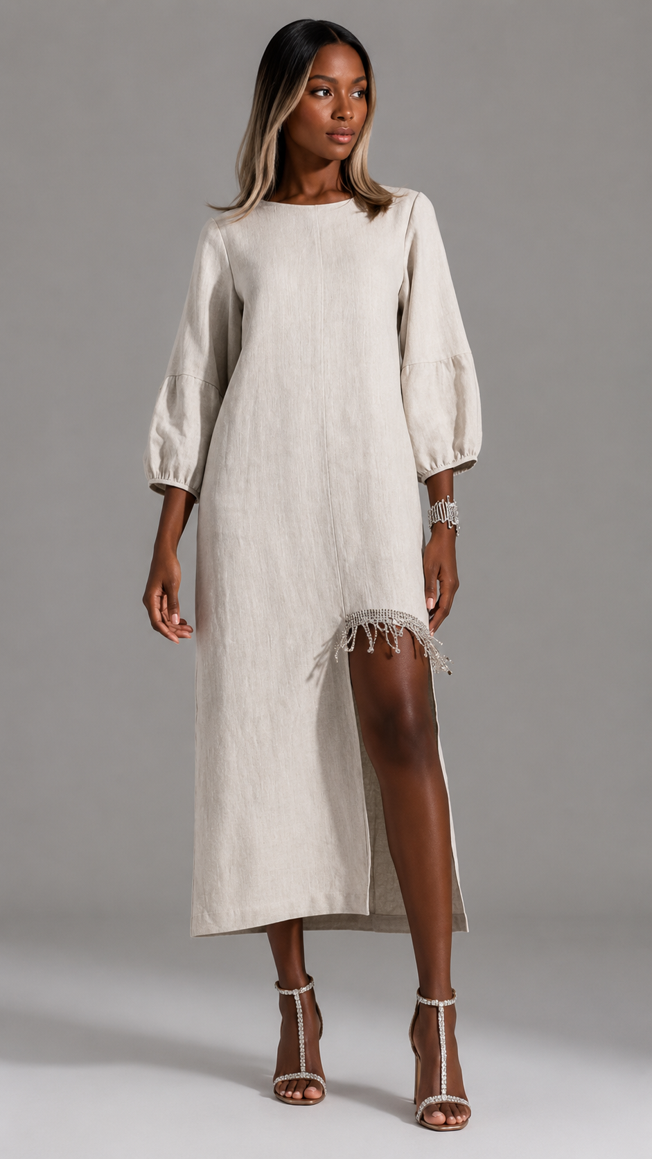 Elegant Beige Beaded Fringe Linen Midi Dress