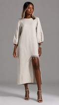 Elegant Beige Beaded Fringe Linen Midi Dress
