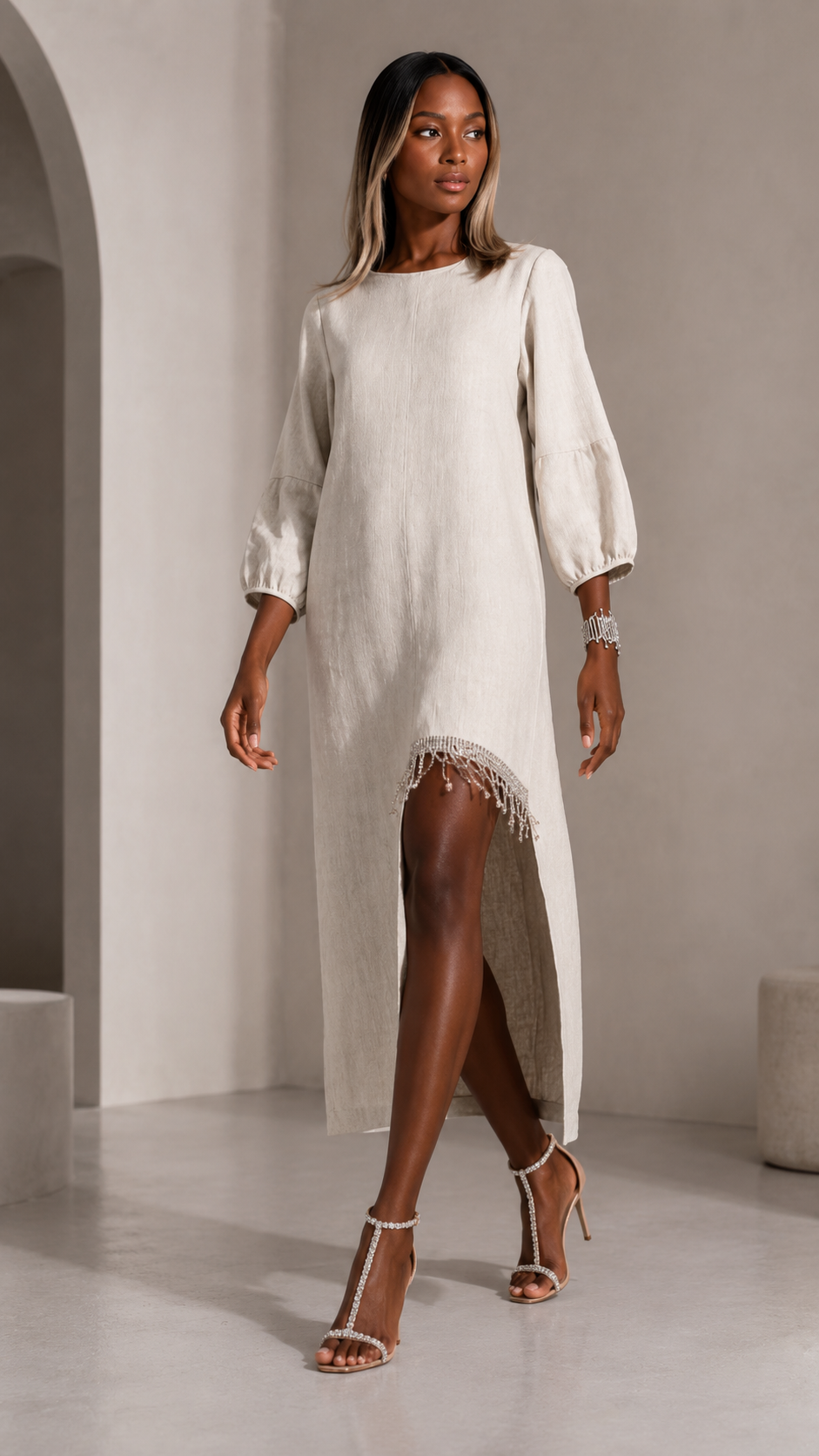 Elegant Beige Beaded Fringe Linen Midi Dress