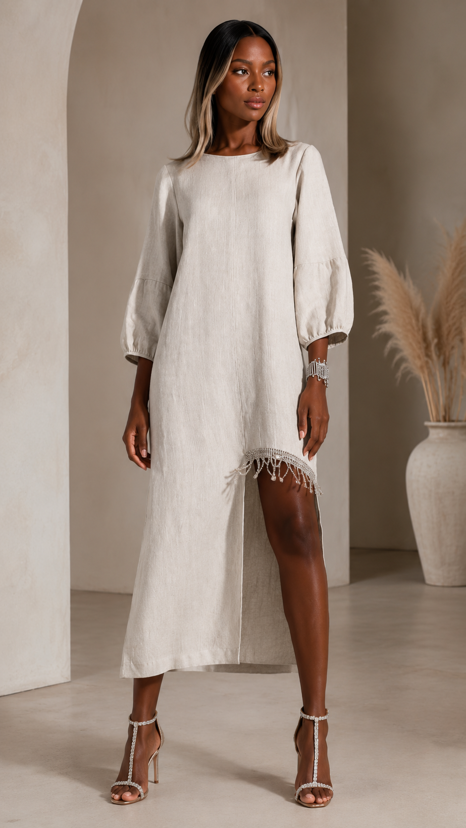 Elegant Beige Beaded Fringe Linen Midi Dress