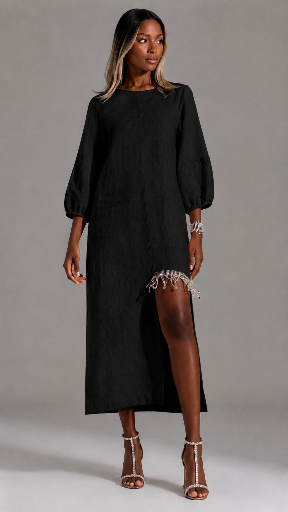 Elegant Beige Beaded Fringe Linen Midi Dress