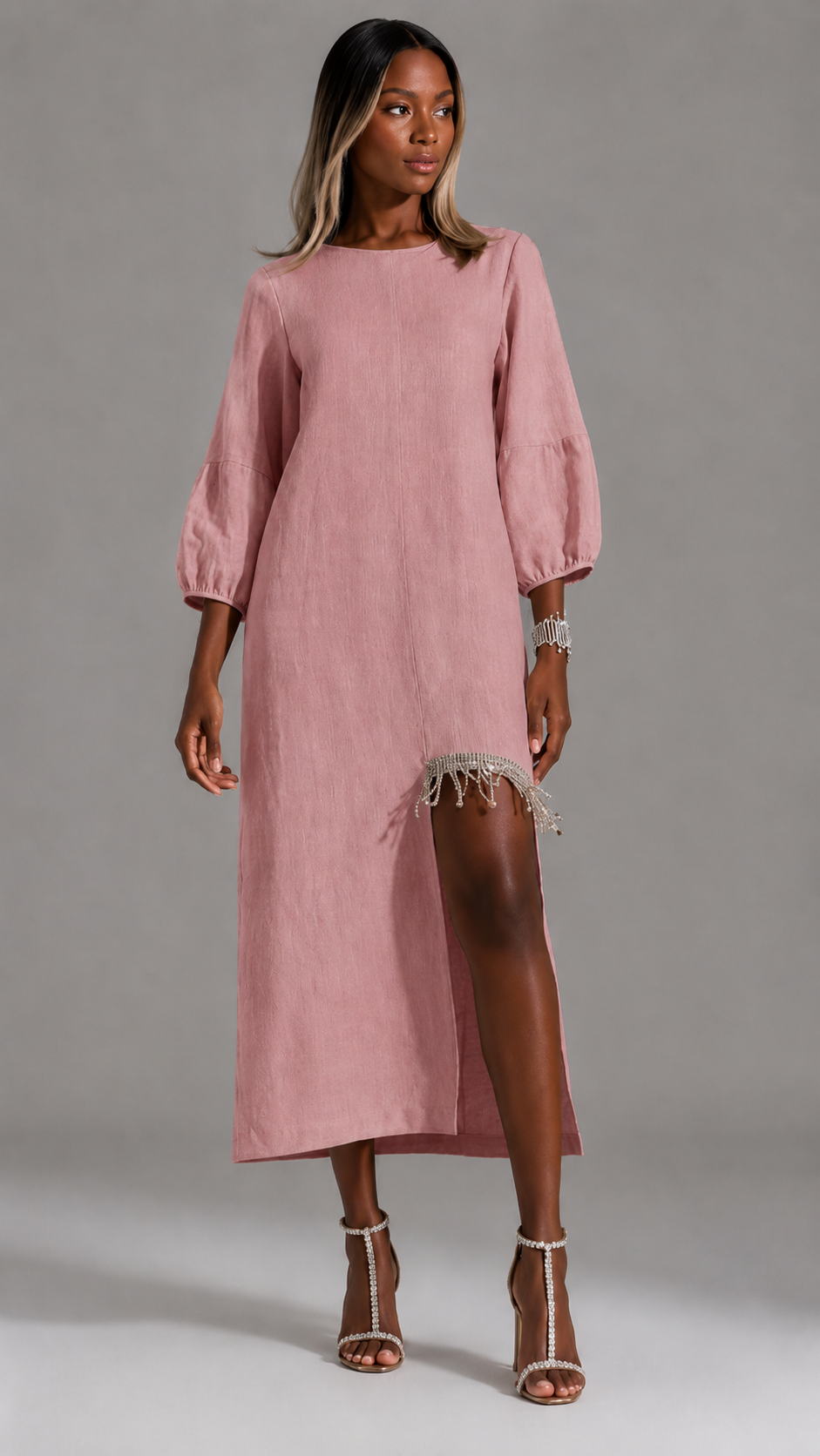 Elegant Beige Beaded Fringe Linen Midi Dress