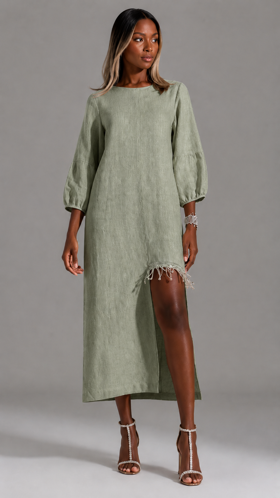 Elegant Beige Beaded Fringe Linen Midi Dress
