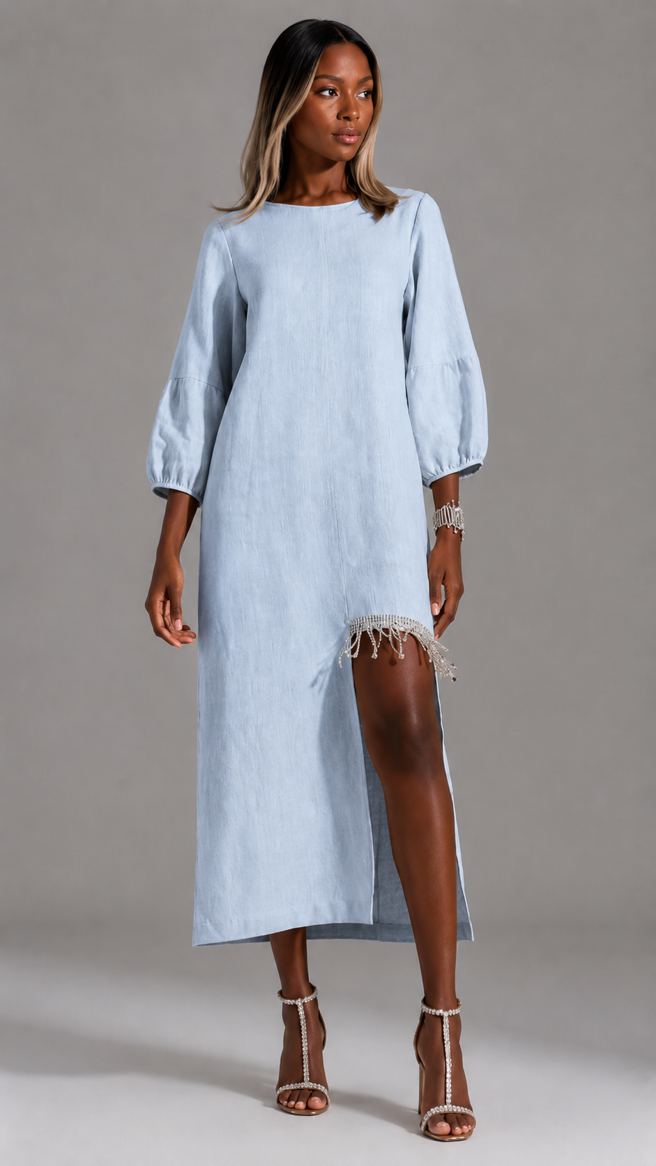 Elegant Beige Beaded Fringe Linen Midi Dress