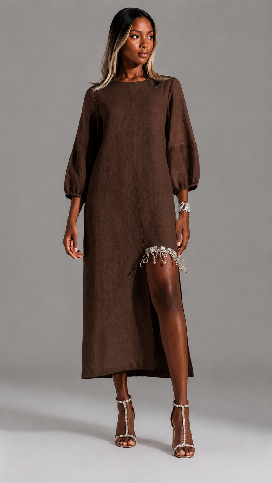 Elegant Beige Beaded Fringe Linen Midi Dress