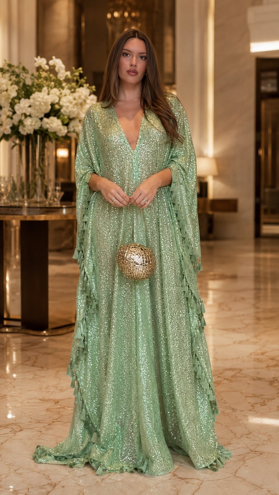 Glamorous Mint Sequin Tassel Kaftan Gown