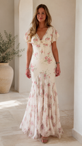 Romantic Cream Floral Mermaid Maxi Dress