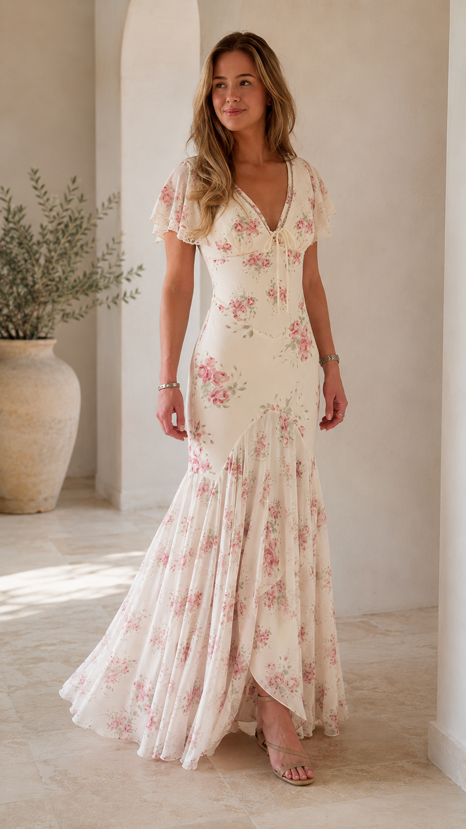 Romantic Cream Floral Mermaid Maxi Dress