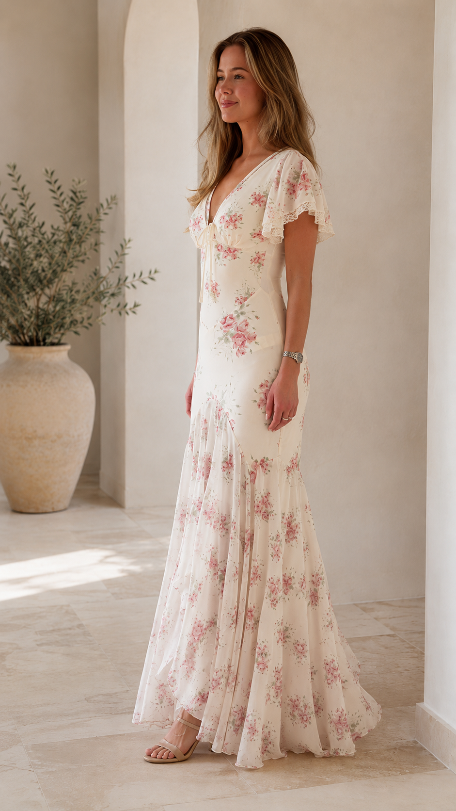 Romantic Cream Floral Mermaid Maxi Dress