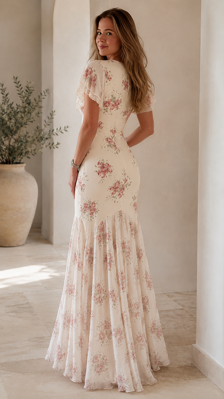 Romantic Cream Floral Mermaid Maxi Dress