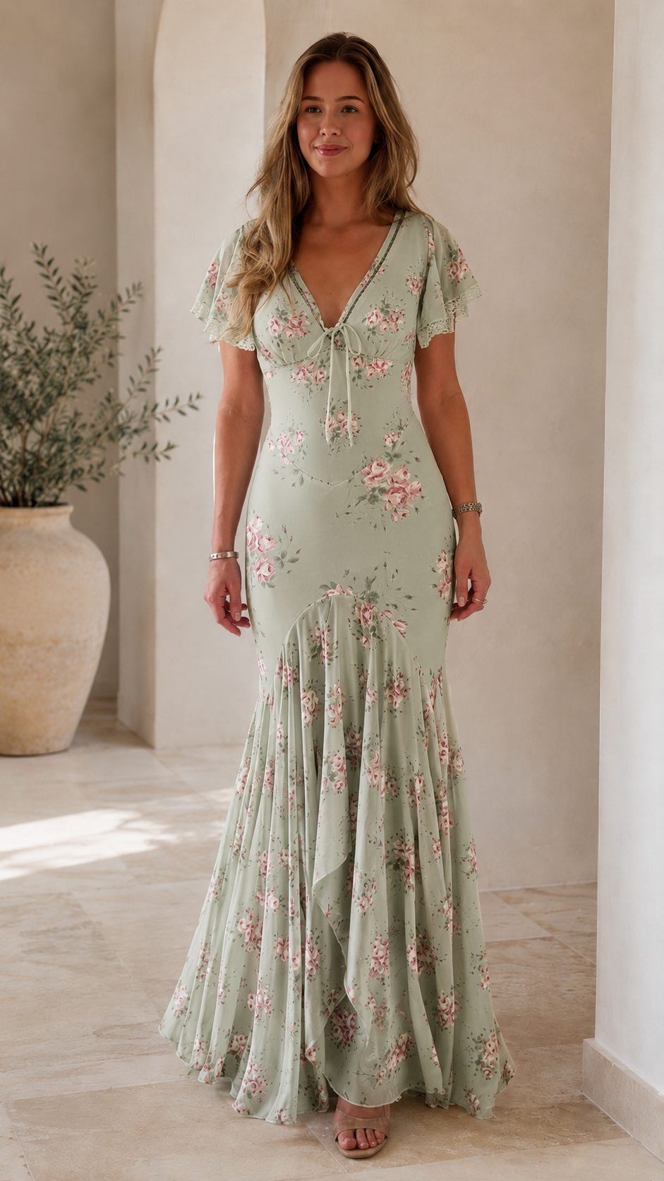 Romantic Cream Floral Mermaid Maxi Dress