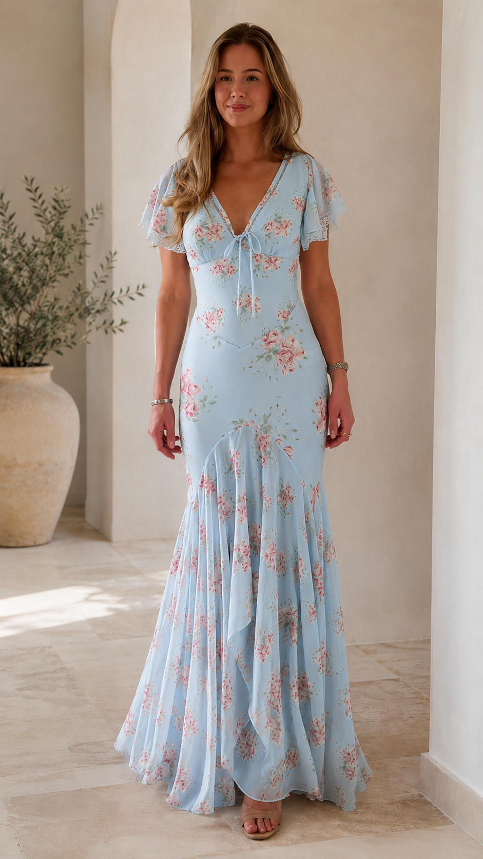 Romantic Cream Floral Mermaid Maxi Dress