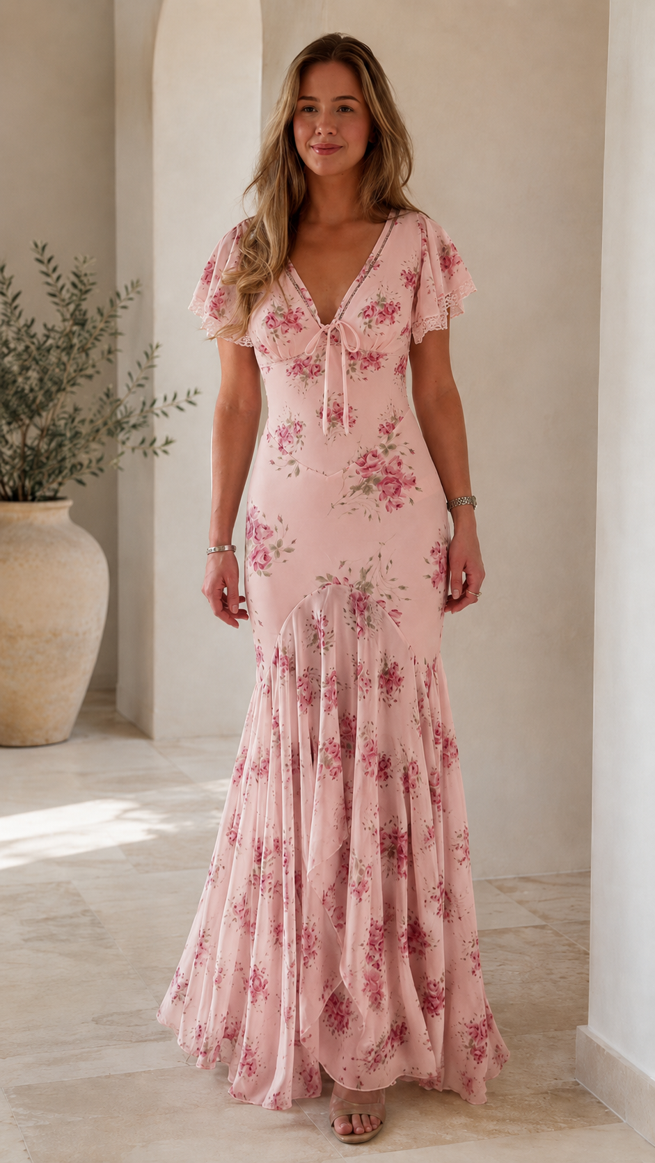 Romantic Cream Floral Mermaid Maxi Dress