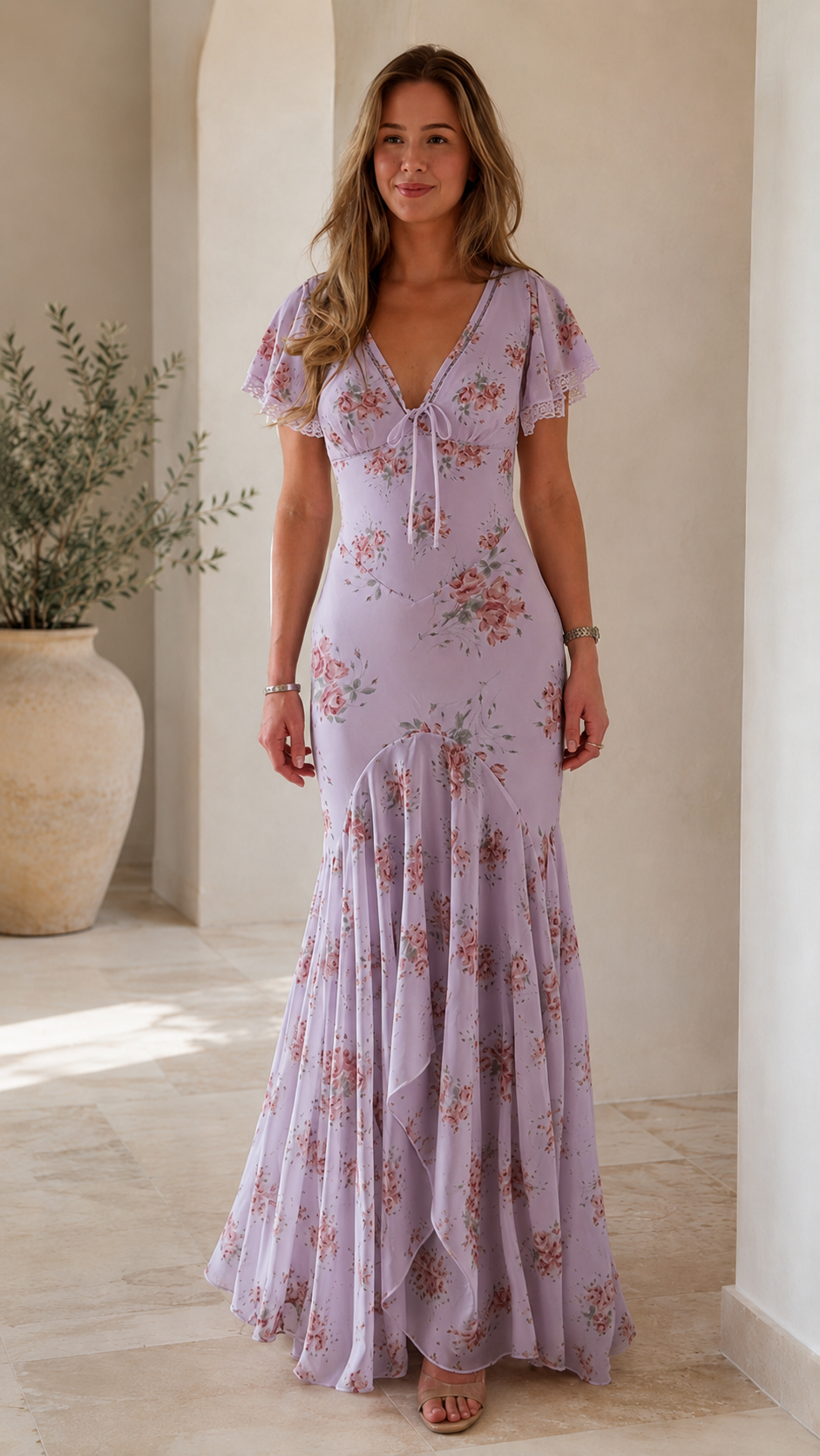Romantic Cream Floral Mermaid Maxi Dress