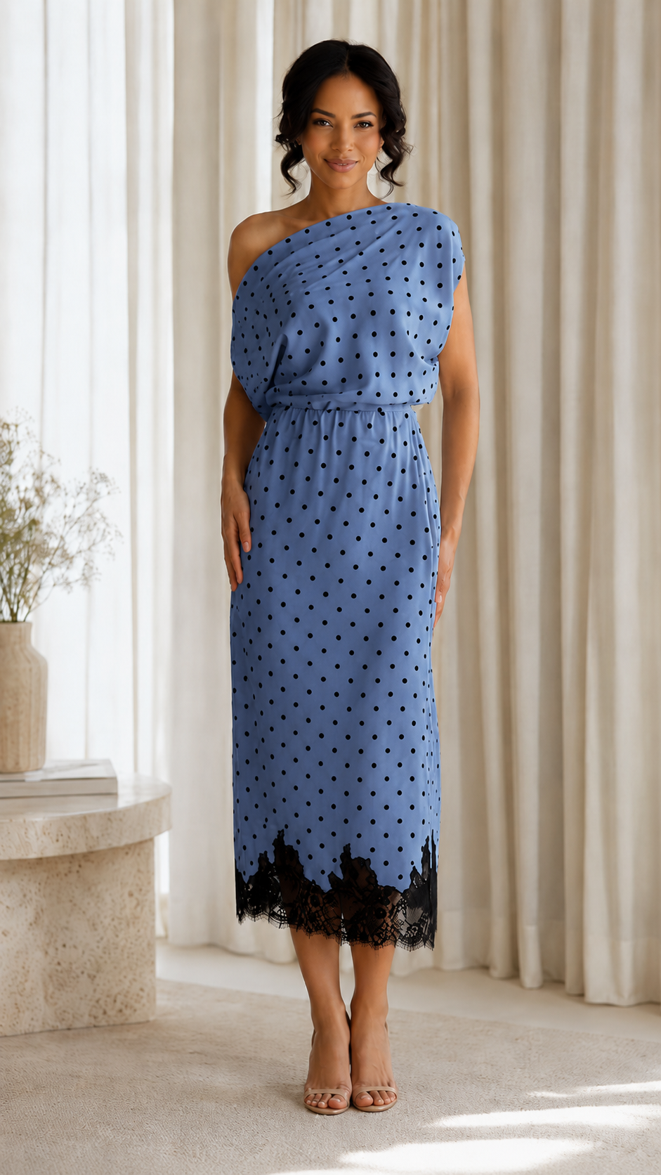 Elegant One-Shoulder Polka Dot Lace Midi Dress